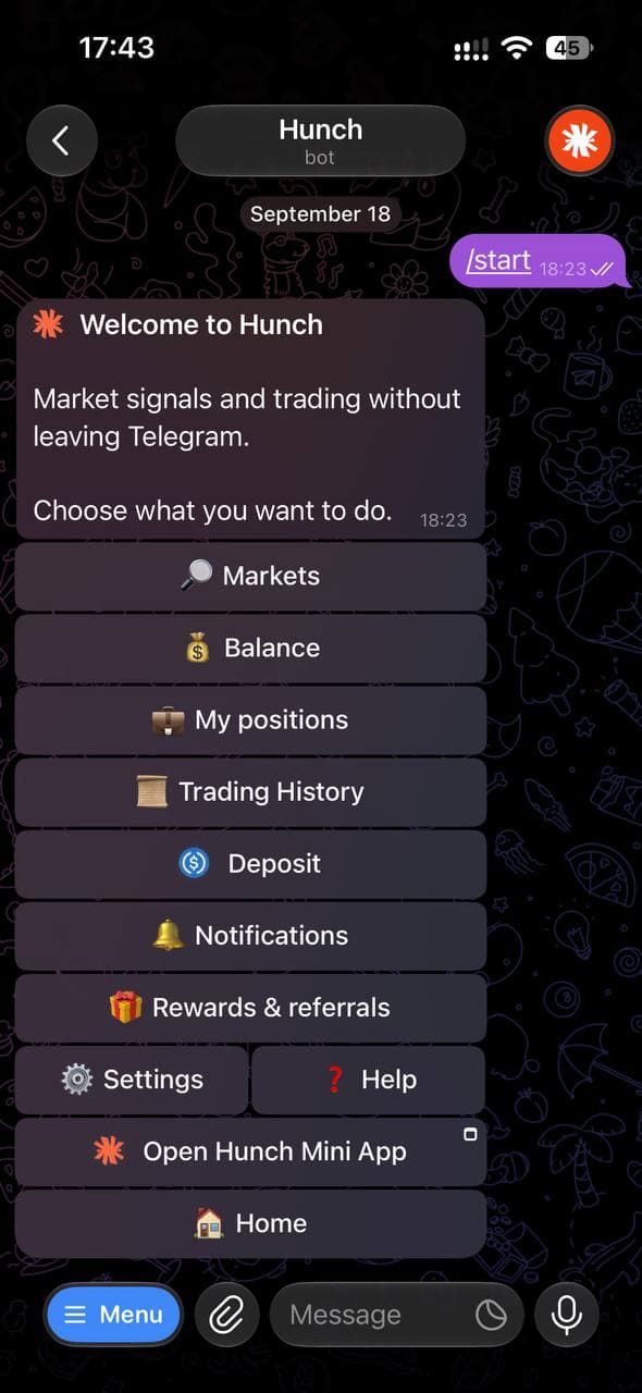 Hunch Telegram bot menu with markets, balance, positions, trading history, deposits, notifications, rewards, and settings.