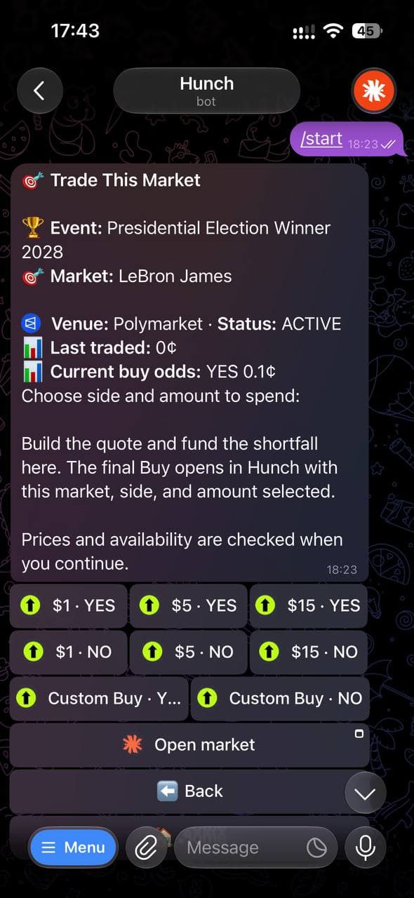 Hunch Telegram trade setup for a Polymarket market, with YES and NO purchase amounts and an Open market button.